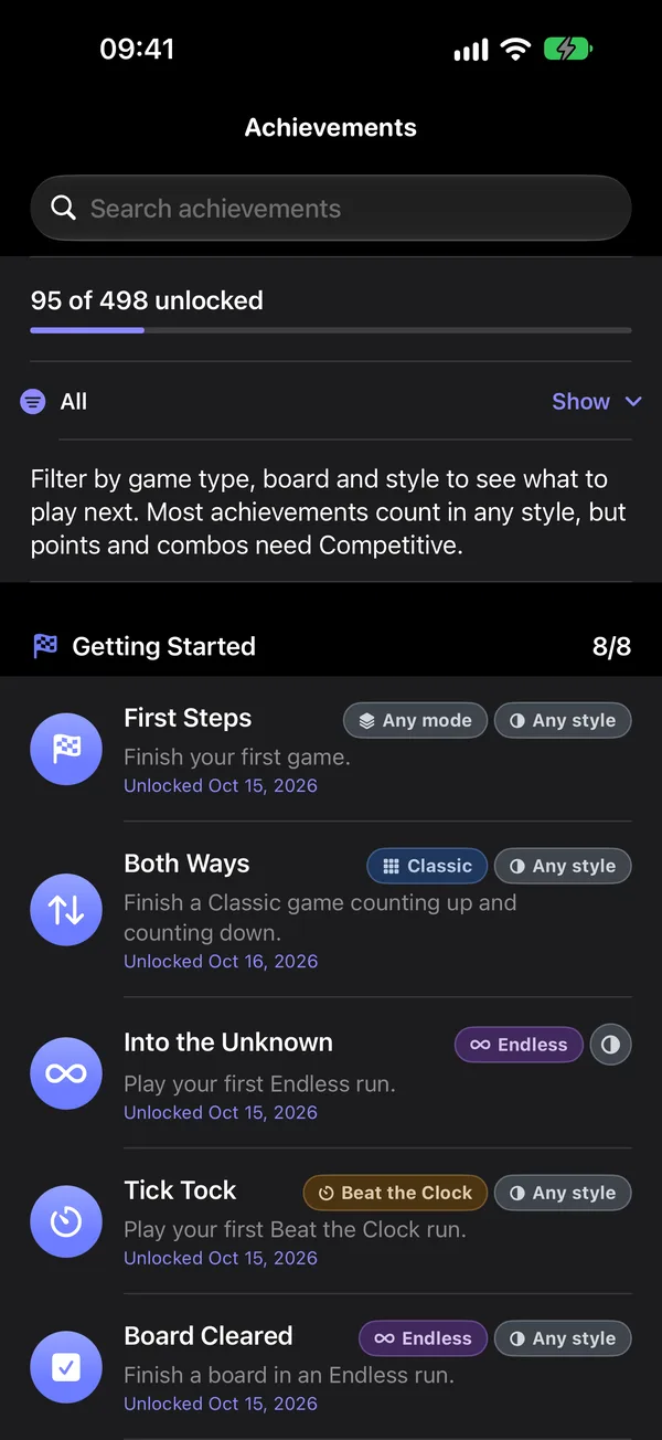 The achievements screen in 49: 95 of 498 unlocked, with filters for game type, size, order and style.